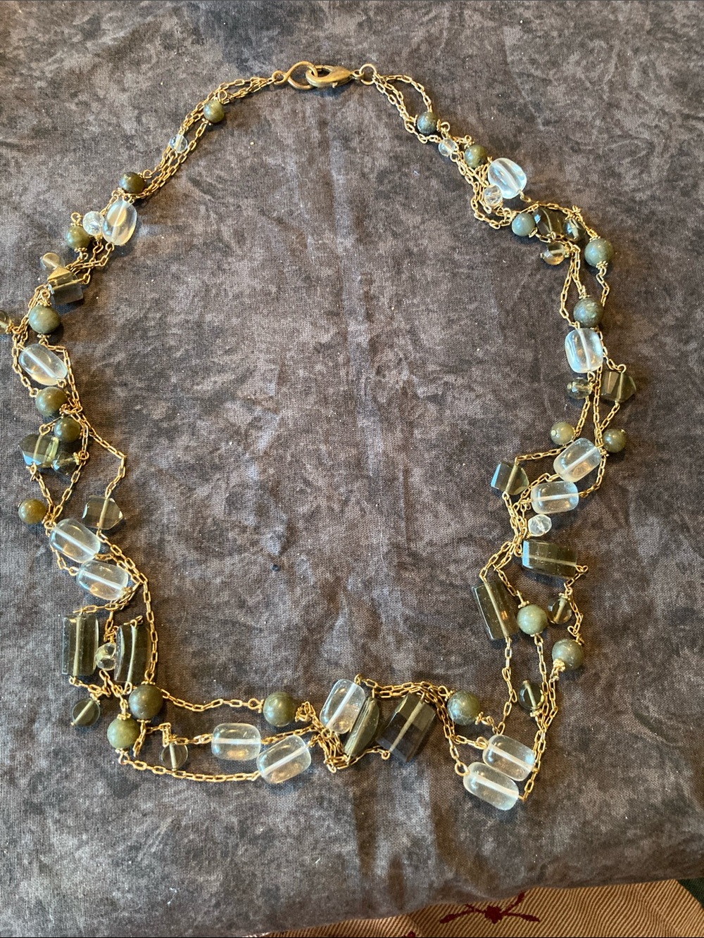 Triple Strand Layered Gold Tone Chain Necklace with Clear and Olive Beads